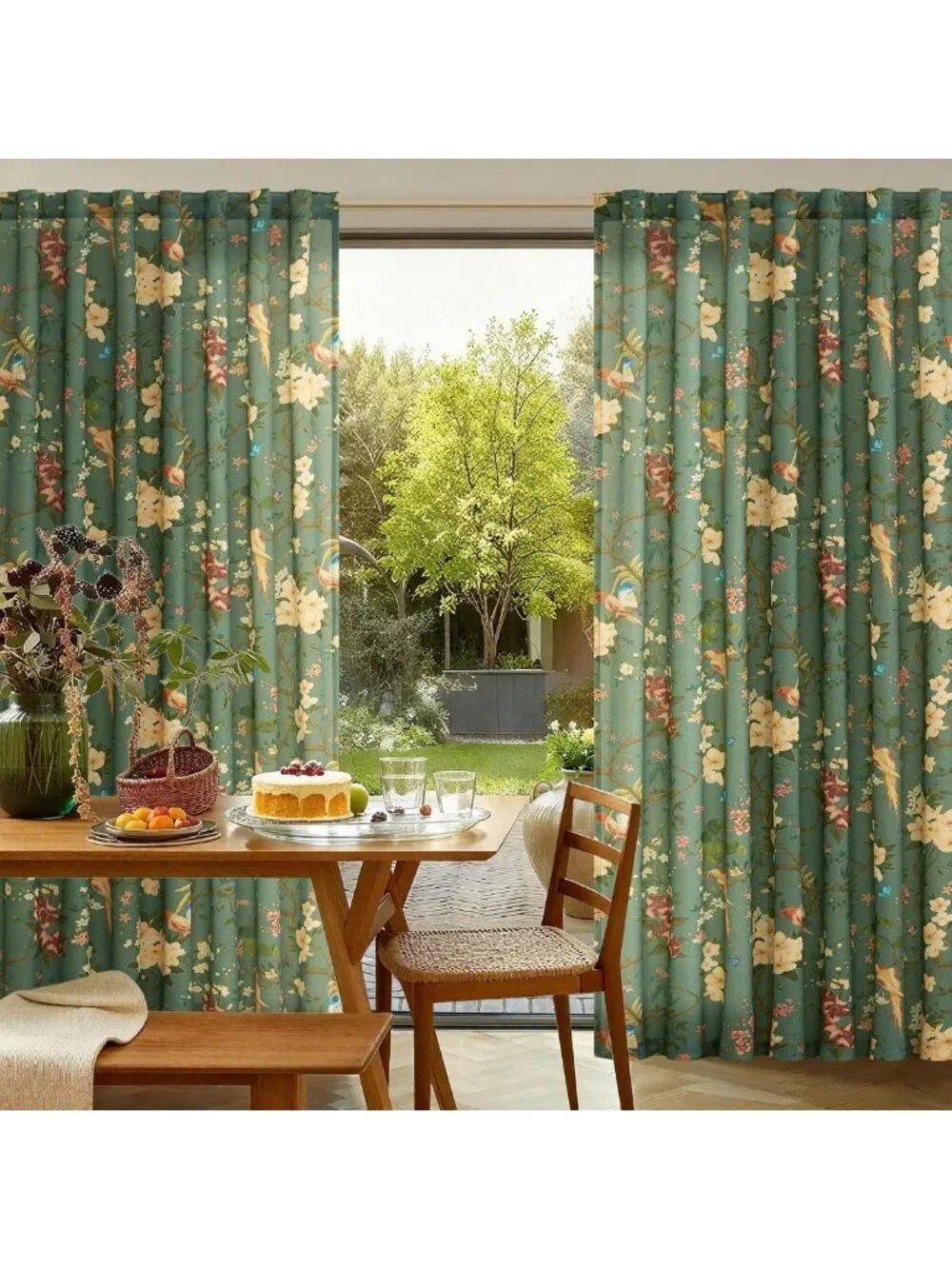 Dark Green Floral Linen Curtains 96